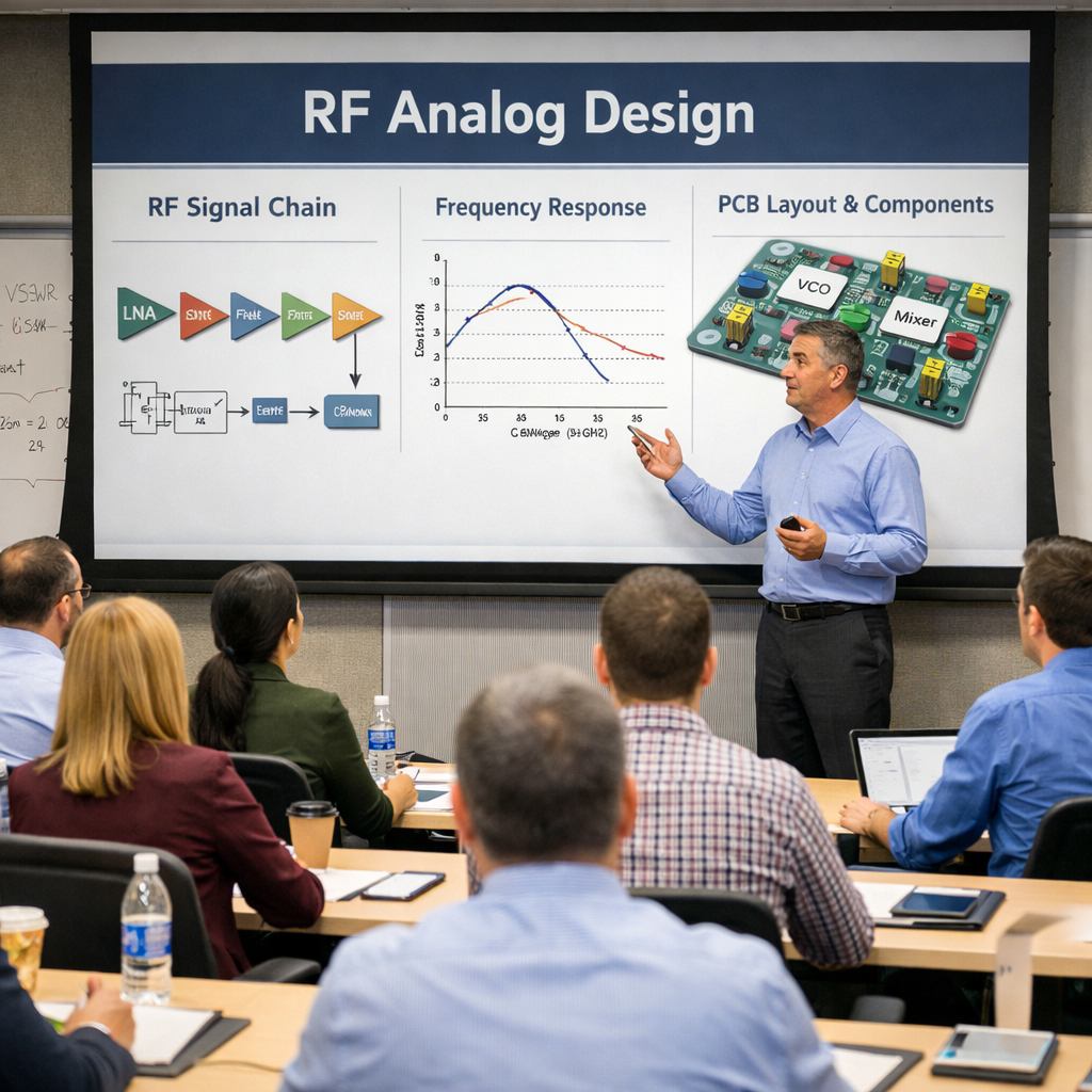 Presenter discussing RF Signal Chain, Frequency Response, and PCB Layout with labeled components VCO and Mixer
